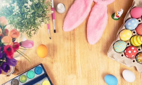 Happy easter, Easter painted eggs on wooden rustic table for your decoration in holiday. Greetings and presents for Easter Day celebrate time. Flat lay ,top view.