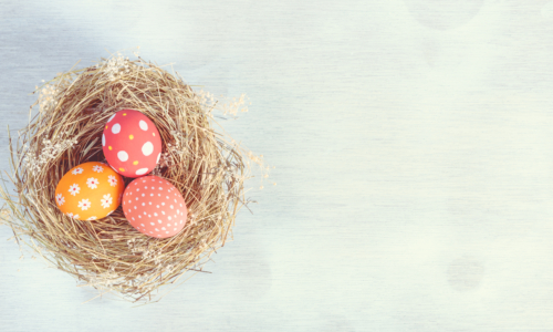 Happy easter Day. Easter eggs on wooden background. Greetings and presents for Easter Day celebrate time. Flat lay ,top view, copy space.